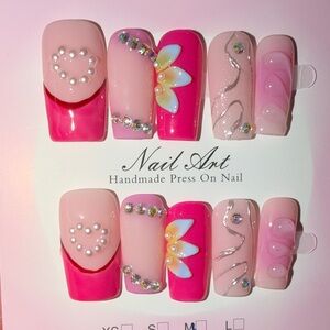 Handmade Press On Nail Set - Pink Floral Rhinestone Design
